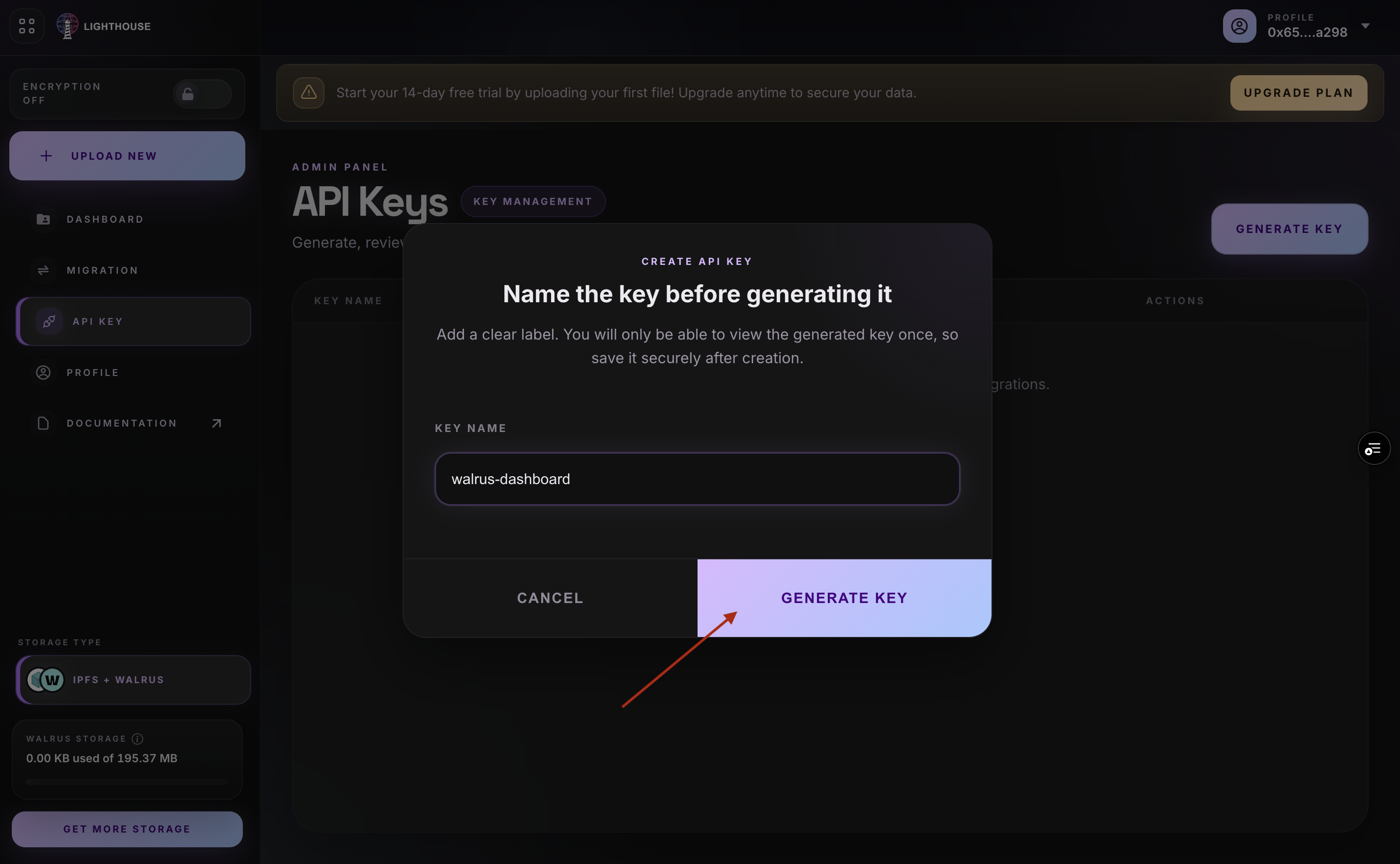 Create an API key in the Walrus dashboard