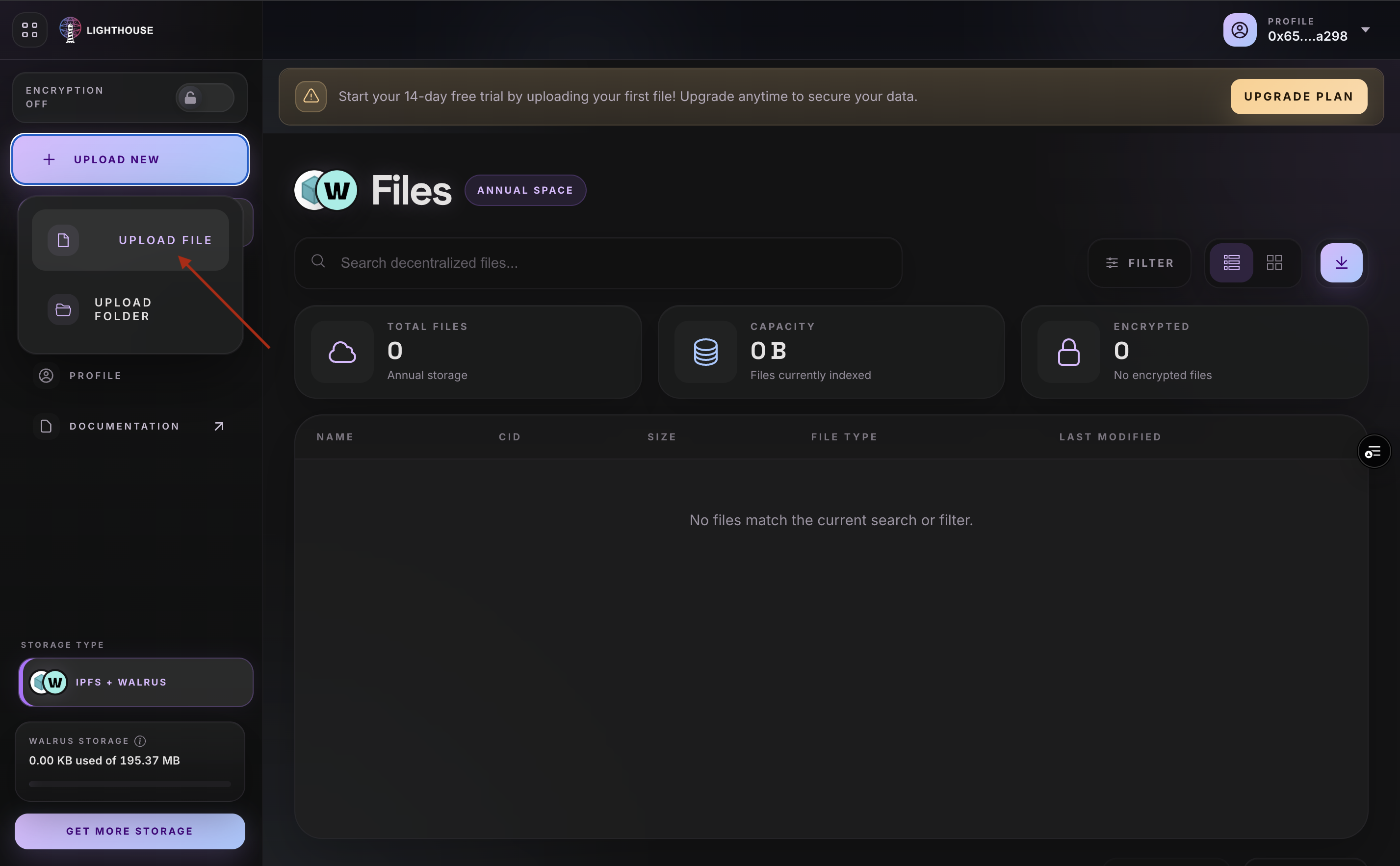 Upload a file in the Walrus dashboard
